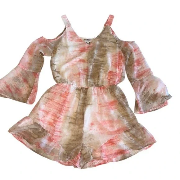 NWT‎ Andree by Unit Tie Dye Romper Cold Shoulder Bell Sleeve Ruffle Hem Sz Lg - Picture 4 of 16